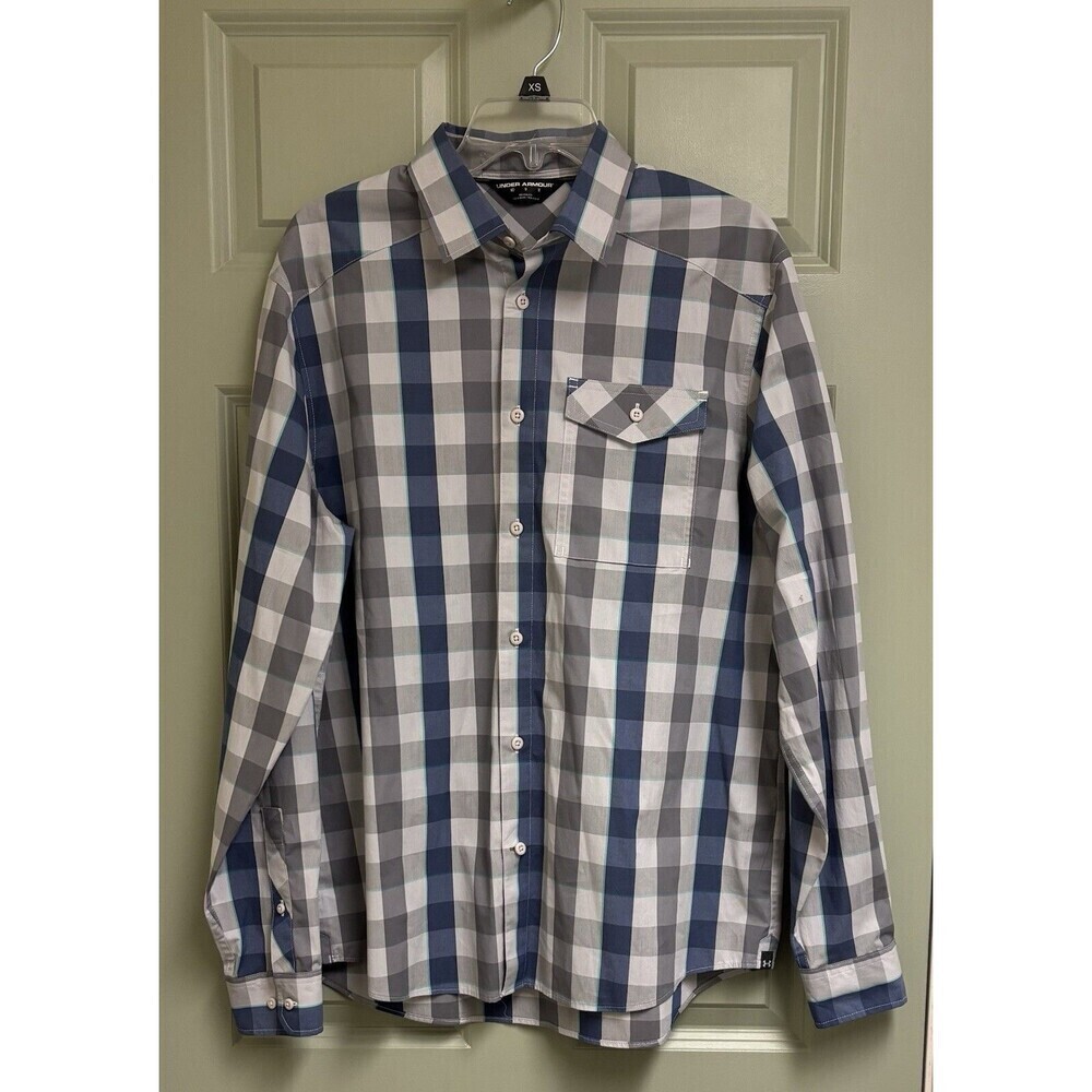 UNDER ARMOUR Tactical Shirt Mens Medium Blue Gray Plaid Button Up LS Performance